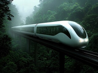 Poster - a next-generation eco-tech transport system, levitating high-speed trains gliding through dense forests, sustainable energy powering the entire infrastructure, a perfect synergy between nature and