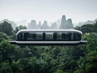 Poster - a next-generation eco-tech transport system, levitating high-speed trains gliding through dense forests, sustainable energy powering the entire infrastructure, a perfect synergy between nature and