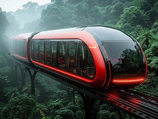 Poster - a next-generation eco-tech transport system, levitating high-speed trains gliding through dense forests, sustainable energy powering the entire infrastructure, a perfect synergy between nature and