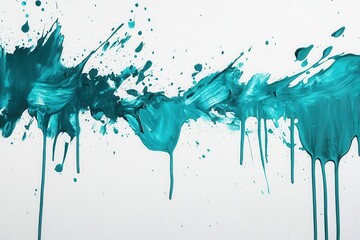 Wall Mural - vivid turquoise paint slash with wild splatters, stark white canvas, bright daylight, dripping edges