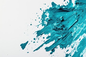 Wall Mural - vivid turquoise paint slash with wild splatters, stark white canvas, bright daylight, dripping edges