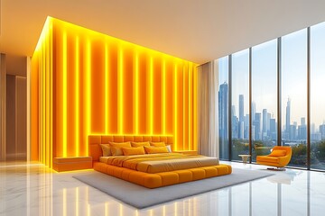 Wall Mural - Modern bedroom interior with vibrant yellow lighting, city skyline view, and cozy furnishings