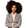 © aekkorn - Business woman portrait isolated on white transparent background, Afro businesswoman in suit, crossed arms, PNG.