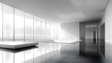 Wall Mural - Modern minimalist interior design of a spacious room with large windows and reflective surfaces