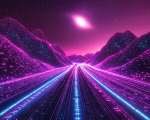 neon road, futuristic mountains, night