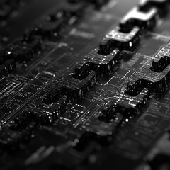 Poster - Abstract Techscape: A Detailed View of a Dark, Complex Circuit Board with Electronic Components