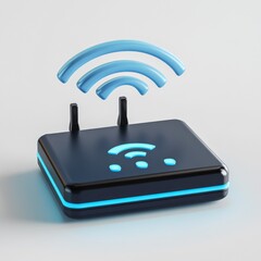 Poster - Modern Wireless Router with Glowing Blue Accents and Strong Signal Strength on a Clean White Background