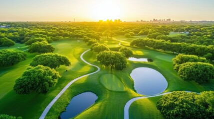 Poster - Aerial view of a city park with green spaces, trees, and water features as the sun rises over the cityscape in the background, creating a peaceful and serene atmosphere amidst the urban sprawl.