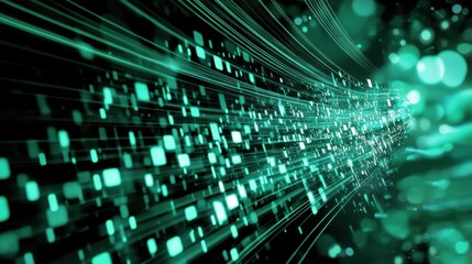 Poster - Futuristic Digital Abstract Flow of Bright Green Lines with Glowing Particles and Blurred Background Effects