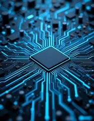 Poster - A closeup of a computer chip with blue neon lights