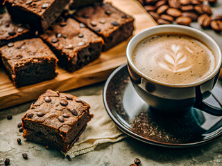 Wall Mural - Delicious Coffee and Brownies. Tasty food and drink background