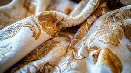 Poster - Elegant golden floral pattern fabric with intricate embroidery on soft white textile background