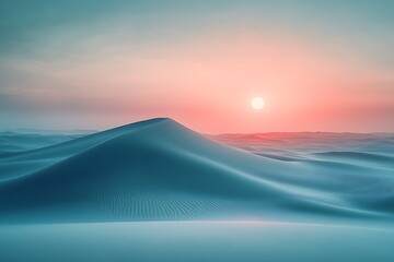 Serene sunset over undulating sand dunes, casting soft shadows in a tranquil desert landscape