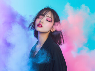 Aufkleber - woman with vibrant makeup poses amid colorful smoke, exuding confidence