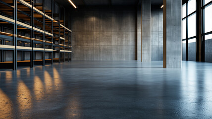 Aufkleber - Modern storage racks in minimalistic warehouse with concrete floors