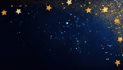 Poster - luxury golden glitter and glowing stars on deep navy blue background, festive sparkling light effect for elegant designs

