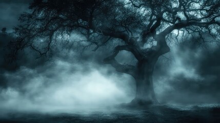 Mysterious foggy forest, ancient tree, eerie night, Halloween background