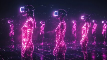 Fototapete - Virtual reality experience futuristic digital space 3d art neon environment immersive perspective