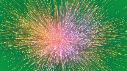 Poster - Vivid particle burst dispersing luminous glowing fragments, radiating dynamic energy against green screen backdrop with intense colorful movement
