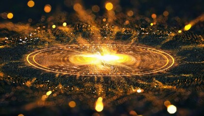Poster - cosmic energy explosion with golden particles, futuristic glowing nebula with abstract space time waves and light burst


