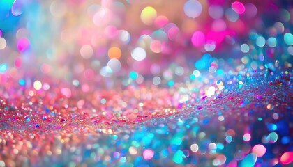 Poster - dreamy iridescent glitter bokeh background with soft pink, blue, and purple hues, perfect for festive design and decor