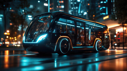 Poster - Self-driving electric bus moving through a futuristic city, highlighting smart technology, innovation, and modern urban transportation design. Evening neon illumination of the bus and the city. Banner
