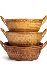 Poster - Oval Woven Bamboo Basket Set of 6, with Handle and Turned Bottom in Different Sizes, Isolated on White Background