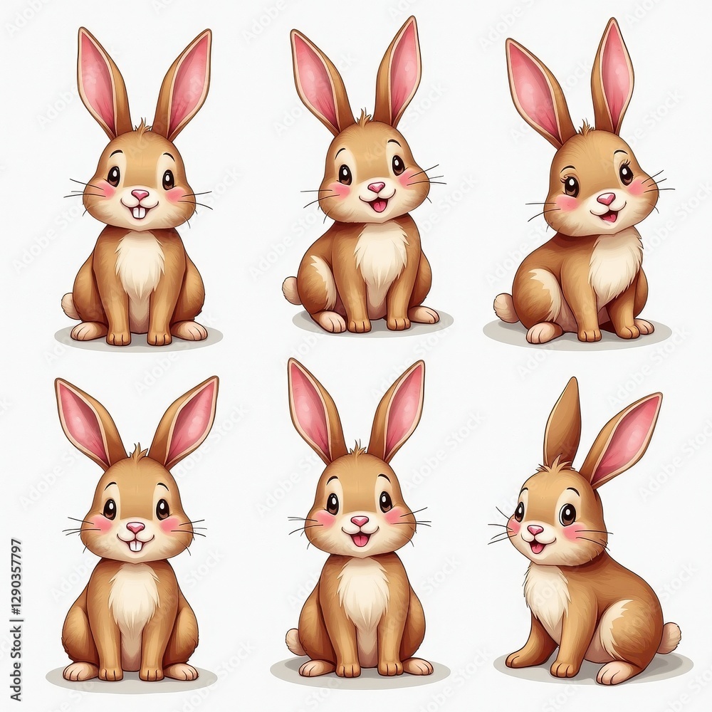 Cartoon Rabbit Set: Vivid Poses Against Simple White Background, Varied ...
