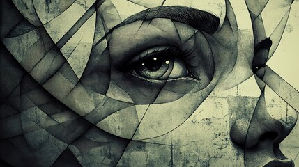 Wall Mural - Abstract female portrait fragmented with geometric shapes in grayscale tones