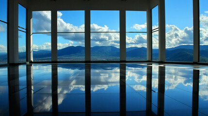 Aufkleber - A spacious interior with large windows showcasing a scenic mountain view and reflecting clouds on the glossy floor