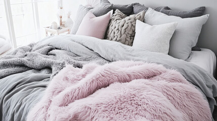 Poster - A cozy bed adorned with soft pillows and fluffy blankets in pastel hues, creating a warm and inviting atmosphere