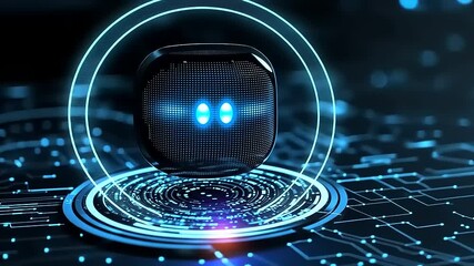 Wall Mural - A futuristic digital orb with glowing eyes on a circuit-patterned background.