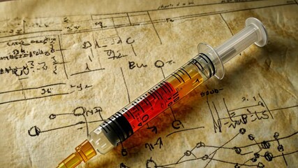 Poster - Syringe filled with liquid rests on aged paper covered with chemical formulas and molecular structures, Syringe with liquid over chemical formulas and molecular structures, medical research