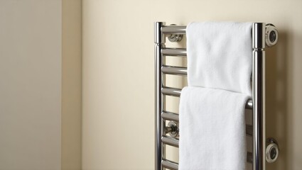 Poster - Towel Warmer. Towel is hanging on wall next to towel rack