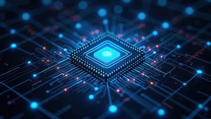 Poster - Quantum computing. Image shows computer chip with blue light on it