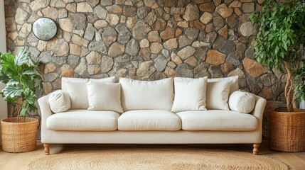 Canvas Print - Cream Sofa in a Stone Wall Living Room