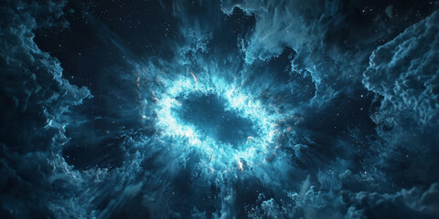Wall Mural - Gigantic stellar explosion with glowing plasma waves, radiating outward against a dark nebula-filled background