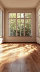 Wall Mural - Empty room with large windows and wooden floor