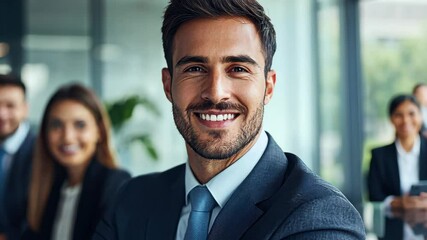 Poster - confident multi-ethnic team collaborating in modern office setting with professional demeanor, portr
