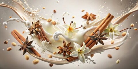 Wall Mural - Delicate vanilla flower pods suspended in mid-air amidst a creamy milk splash, surrounded by aromatic spices such as cinnamon and cardamom , milk splash, vanilla flowers