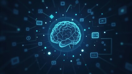 Poster - Machine learning engineer. Brain is surrounded by many different icons and symbols