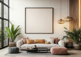 Wall Mural - Modern Minimalist Living Room Mockup with Empty Frame