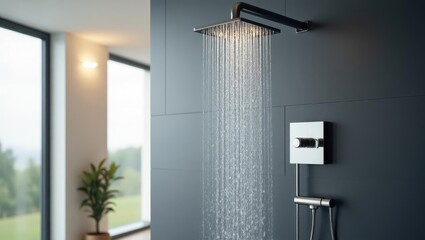 Poster - Smart shower. Shower head is running with water in bathroom