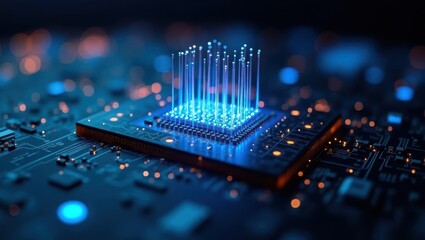 Leinwandbilder - Quantum computers. Electronic circuit board has blue light on it