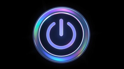 A semi-transparent, three-dimensional power button icon with a glossy rainbow sheen. Represents startup or power-on. Dark black background.
