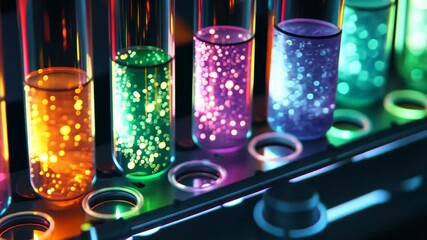 Poster - Colorful data processing in laboratory test tubes showcasing vibrant luminescent reactions, data processing over laboratory test tubes