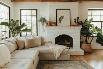 Wall Mural - Cozy Living Room with White Brick Fireplace and Plants