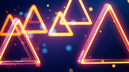Poster - Neon triangles illuminate a colorful background with light spots at night, neon triangles over light spots