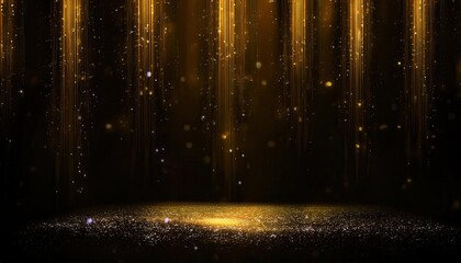 Poster - golden sparkling particles falling down with glowing lights on dark background, bokeh effect, cosmic scene, festive decoration