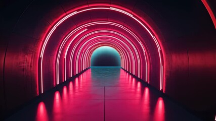Poster - Digital tunnel featuring red neon shapes against a dark background creates a futuristic atmosphere, digital tunnel of red neon shapes on black background